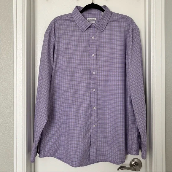 Haggar • Men's Classic Fit Lavender Plaid Button Down Shirt - Wrinkle Resistant - Picture 12 of 12